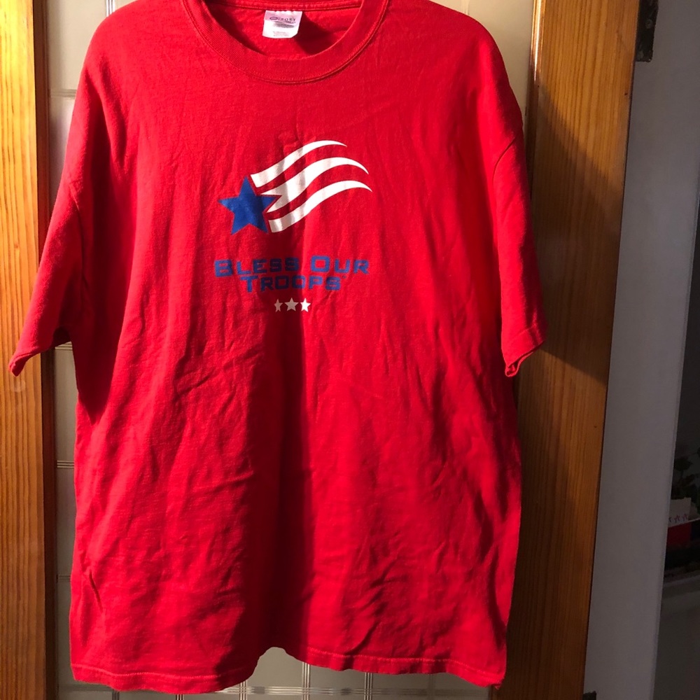 XL adult Red t shirt reads Bless our Troops